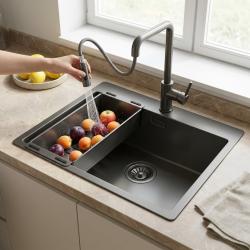 black-kitchen-sink-with-sprayer-and-fruit